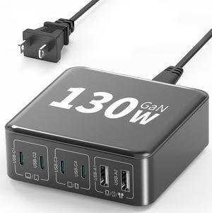 MSTJRY USB C Charger Block, 130W GaN USB C Charging Station for Multiple Devices Apple iPhone iPad, 4C2A(C1/C2 65W +C3/C4 45W) 6 Port Fast Desktop Charger for Laptop, MacBook Pro/Air, Dell, Surface