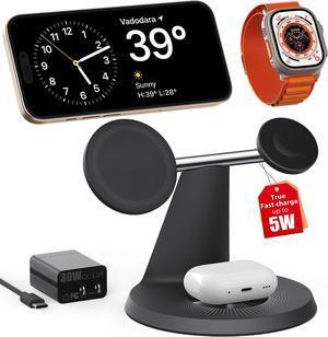 3 in 1 Charging Station for Apple Devices,Mag-Safe Charger Stand Fast Charging,Wireless Charger for iPhone 15/14/13/12 Series,Apple Watch Series 1-9/Ultra,AirPods Pro(30W USB Charger Included)