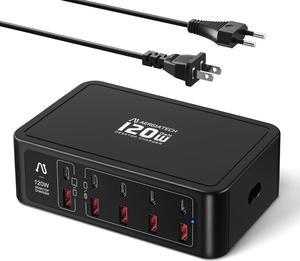 10-Ports USB C Charging Station, 120W Travel USB Power Strip with EU European Plug and US Plug, Multiport Charging Hub for iPhone 15/14/13/12, iPad Air/Pro, Galaxy -Black
