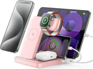 Intoval 5-in-1 Charging Station, for iPhones 15 Pro/15 Pro Max/15 and Androids, iPad Pro/Air/Mini, Apple Watch 9/Ultra 2/Ultra/8/7/7/SE, Wireless Charging Dock for Multiple Devices (G805, Pink)
