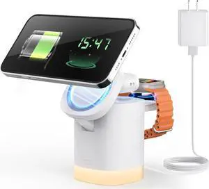 JoyGeek 3-in-1 Charger Stand for Magsafe: Foldable Wireless Charging Station with Night Lights - Magnetic Charger Dock for iPhone 15/14/13/12 Pro/Max/Plus, AirPods, Apple Watch 2-9/Ultra (White)