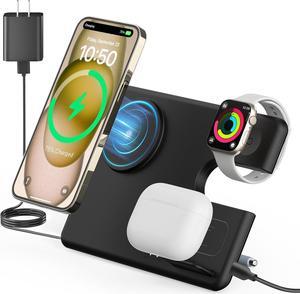 JoyGeek 3 in 1 Wireless Charging Station for MagSafe, Foldable Travel Charging Stand/Pad for iPhone 15/14/13/12 Series, Magnetic Charging Dock for Apple Watch Ultra 2/9/8/7/6/SE/5/4/3,AirPods Pro/3/2