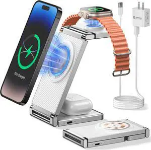 Mag-Safe Charger Stand iPhone and Watch Charging Station for Apple Devices, Magnetic 3 in 1 Foldable Travel Charging Dock for Airpods and iPhone 15/14/13/12 Max/Pro/Mini