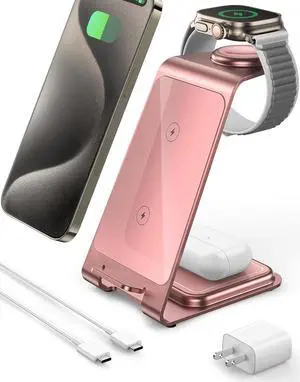Intoval 3-in-1 Wireless Charging Station for iPhone 15 Pro/15/15 Pro Max/14 Pro/14/14 Pro Max, Apple Watch 9/Ultra 2/SE/8/7/6/5/4/3/2, AirPods Pro/Pro 2/3 (Y93, Pink)