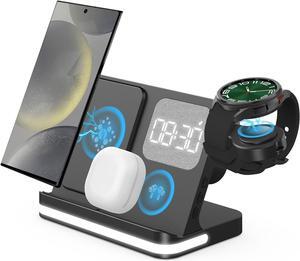 4 in 1 Wireless Charger with Alarm Clock Compatible for Galaxy Watch 7/Ultra/FE/6/5 Pro Galaxy S25/Ultra/S25+/S24/S23/Note 20/Z Flip 6/5 Fold 6/5 Galaxy Buds 3/2/Pro Multiple Devices Charging Station