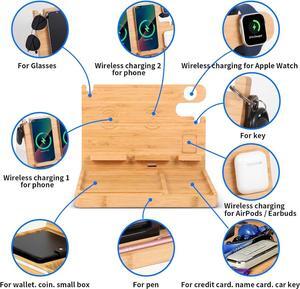 Nightstand Charging Station, 27W Fast Charging Wireless Charger Stand for iPhone/iWatch/Airpod/, Bamboo Phone Docking Station for Multi Devices, Desk Nightstand Organizer Gifts for Men