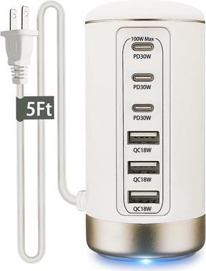 100W USB C Charger for Multiple Devices,6-Port 30W USB-C & 18W USB Ports- Compact, Space-Saving Design Fast Charging Tower for iPhone, Galaxy,Pixel, iPad, Watches,Home Office Use