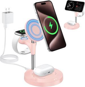 3 in 1 Wireless Charging Station for Multiple Devices Apple Aeinidi 15W Fast MagSafe Charger Stand Magnetic Charger for iPhone 15 14 13 12 Pro Max Plus Pro Mini Apple Watch and AirPods Pink