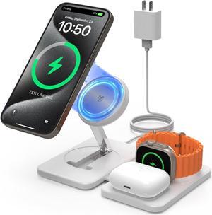 JoyGeek Magnetic Wireless Charging Station for MagSafe, 3 in 1 Foldable Travel Charger Stand/Pad for iPhone 15 14 13 12 Series, Portable Charger Dock for Apple Watch SE/9/8/7/6/5/4/3/2,AirPods Pro/2/3