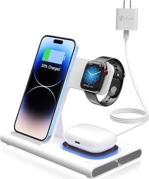 3 in 1 Wireless Charging Station for Apple Devices,Foldable Fast Wireless Charger Stand with Night Light for iPhone 15 14 13 12 11 Pro Max,for Apple Watch,for Airpods(with 20W Adapter)