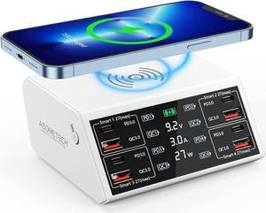 100W 8-Port Charging Station for Multiple Devices with 4 QC3.0+4 USB C PD Ports, Wireless Charger, Multi Fast Charging Hub for iPhone,, iPad