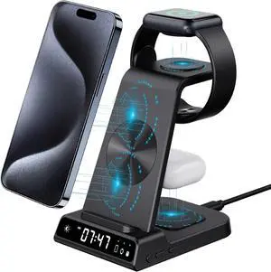 NeotrixQI Wireless Charging Station for Apple Multiple Devices, 3 in 1 Wireless Charger with Clock for iPhone 15 Pro Max/15 Pro/15/15 Plus/14 Pro Max/13/12, AirP od Pro 3/2, Watch Stand for iWatch
