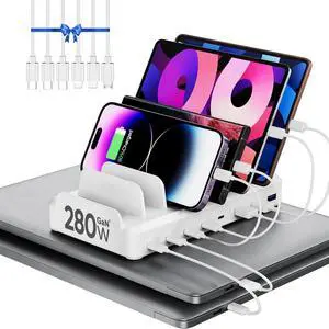 280W USB C Charging Station for Multiple Devices, 8 Port Multi Charger Station for MacBook iPhone 15 Phone iPad Tablets (6 Mixed Short Cables Included) White
