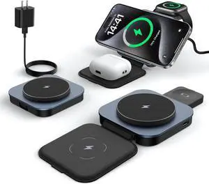 3 in 1 Wireless Charger for MagSafe, 21W Magnetic Portable Travel Charging Station Stand for Apple Devices iPhone 15/14/13/12 Series, AirPods Pro/3/2 & Apple Watch (Adapter Included)-Black