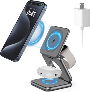 Foldable Magnetic Wireless Charger, Aluminum Alloy 3 in 1 Charging Station for Apple, 15W Fast Mag-Safe Charger Stand for iPhone 15 14 13 12 Pro/Max/Plus, for AirPods 3/2/Pro,5W for iWatch-Gray