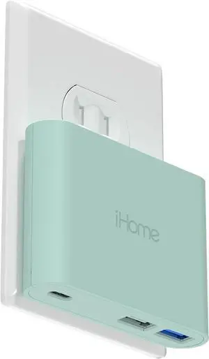 iHome 32W AC Pro Multi Port USB Wall Charger Block - Charging Station for Multiple Devices with 3 USB Ports (1 USB-C, 2 USB-A) - Fast Charging, Universal Compatibility (Mint)