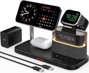 5 in 1 Wireless Charger with Alarm Clock for Apple, Magnetic Wirelss Charger Stand for iPhone 15/14/13/12,Apple Watch Series 9/Ultra 2/8/7/SE/SE2/6/5,Air-Pods 3/Pro/2,Mag-Safe Charging Station(Black)