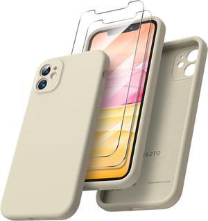 ORNARTO Compatible with iPhone 11 Case 6.1 inch, with 2 x Screen Protector Liquid Silicone Gel Rubber Cover [Square Edge] [Full Body] Shockproof Protective Phone Case for iPhone 11-Beige