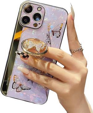 iPhone 14 Pro Max Case, 3D Butterfly Built in Kickstand Rhinestones Shockproof Ring Stand Cover Bling Marble Shell Glitter Girly Women Phone Cover for iPhone 14 Pro Max 6.7 inch 2022 (Purple