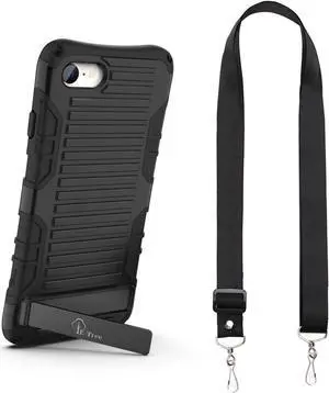 E-Tree Compatible with iPhone SE 2022 Case/iPhone SE 2020/iPhone 8/7, with Crossbody Strap and Stand, Protection Shockproof Hard Phone Case Black, Perfect for Go Outside and Kid Elderly