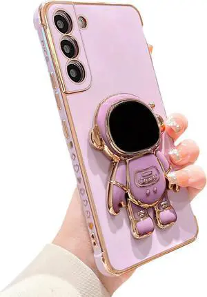 phylla Phone Case for Samsung Galaxy S21+ Plus 6.7 Luxury Plating Cute Astronaut Stand Holder Phone Case with Love Heart Side Small Pattern Soft Silicone Shockproof Kickstand Cover Bumper (Purple)