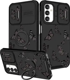 (2in1 for Samsung Galaxy A13 5G Case for Women Butterfly Cute Girls Phone Cover Girly Pretty Aesthetic Black Butterfly Design with Camera Cover and Ring Stand Funda for Samsung A13 5G Case
