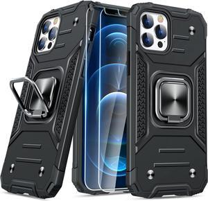 JAME Designed for iPhone 12 Pro Max Case with Screen Protector [2PCS], Military-Grade Drop Protection Cover, Protective Phone Cases, with Ring Kickstand, Bumper Case for iPhone 12 Pro Max 6.7 Black