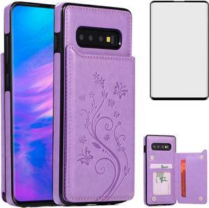 Phone Case for Samsung Galaxy S10 Plus with Tempered Glass Screen Protector and Card Holder Wallet Cover Stand Flip Leather Cell Accessories Glaxay S10+ 10S S 10 10plus S10plus Cases Women Girl Purple