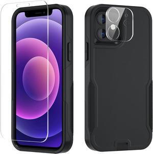 for iPhone 12 case [Shockproof] [Dropproof] [Tempered Glass Screen Protector with Camera Lens Protector] Heavy Duty Phone Case Cover for Apple iPhone 12 and iPhone 12 Pro 6.1 inch (Black)
