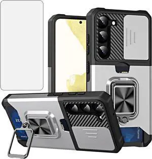 Asuwish Phone Case for Samsung Galaxy S23 Plus S23+ 5G with Slide Camera Cover and Tempered Glass Screen Protector Card Holder Ring Stand Cell S23plus 23S + S 23 23+ SM-S916U 6.6 inch Women Men Silver