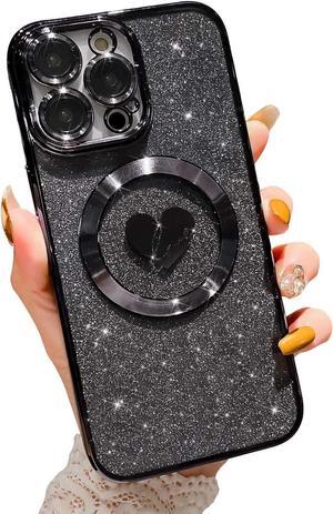 Compatible with iPhone 15 Pro Max 6.7 Inch Case with Magsafe, Plating Heart Glitter Magnetic Case for Women Girl TPU Camera Protection Back Cover for iPhone 15 Pro Max Black