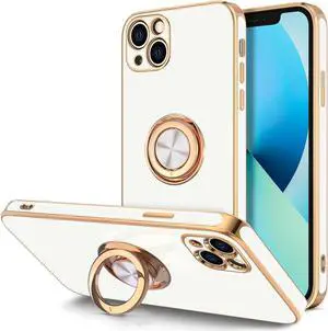 Hython Case for iPhone 13 Case with Ring Stand [360°Rotatable Ring Holder Magnetic Kickstand] [Plated Rose Gold Edge] Slim Soft TPU Cover Luxury Protective Phone Case for Women Men, White