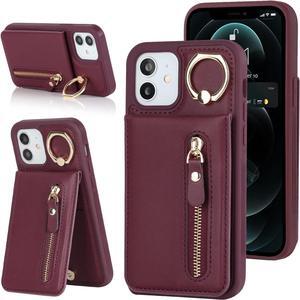 iPhone 12 pro Case with Card Holder for Women, iPhone 12 pro Phone Case Wallet with Credit Card with Ring Kickstand Zipper Shockproof Slim Stand Case for iPhone12pro - Red Wine