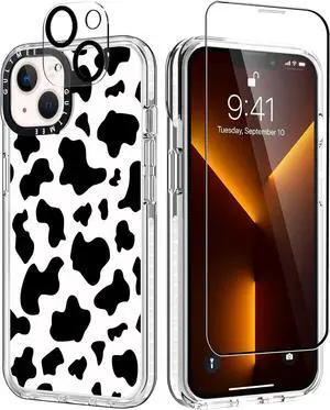 GULTMEE [3 in 1 Designed for iPhone 13 Case Cow Print with Built-in Bumper Shockproof Protective Phone Case Cover for iPhone 13 Cases 6.1" Tempered Glass Screen Protector + Camera Lens Protector