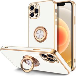 Hython Case for iPhone 12 Pro Case with Ring Stand, 360° Rotatable Ring Holder Magnetic Kickstand, Plating Rose Gold Soft TPU Bumper Camera Protection Shockproof Protective Phone Cases Cover, White