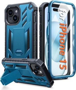 FNTCASE for iPhone 15 Phone Case: Military Grade Shockproof Full Protection Hard Phonecase with Kickstand - Dual Layer Matte Textured Drop Proof Rugged Protective Cover - 6.1 Inch Blue