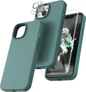 TOCOL 5 in 1 for iPhone 14 Case, with 2 Pack Screen Protector + 2 Pack Camera Lens Protector, Liquid Silicone Phone Case for iPhone 14, Midnight Green