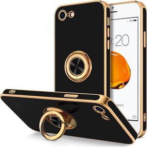 Hython Case for iPhone SE 2022 iPhone SE 2020 iPhone 7 Case iPhone 8 Case with Ring Holder Stand Magnetic Kickstand Plating Rose Gold Soft TPU Bumper Camera Protection Shockproof Phone CasesBlack