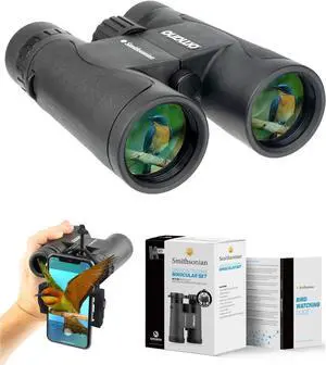 Bird Watching Binoculars for Adults by Smithsonian  10x42 Binoculars for Bird Watching, Hiking, Travel  Birding Binoculars with Phone Adapter, Adjustable Diopter  Bird Watching Guide Included