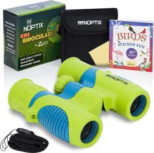 Kids Binoculars girls or boys Real Binoculars in Green Blue - Binoculars for Toddlers up to Kids age 14 - includes sticker book with 40 Bird Species