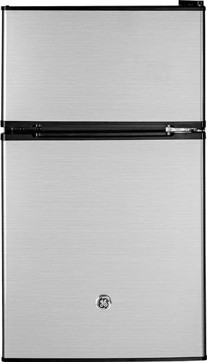 GE Mini Fridge With Freezer | 3.1 Cubic Ft. | Double-Door Design With Glass Shelves, Crisper Drawer & Spacious Freezer | Small Refrigerator Perfect for the Garage, Dorm Room, or Bedroom | Clean Steel
