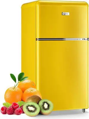 WANAI Compact Mini Refrigerator 3.2 Cu.Ft Small Retro Mini Fridge with Dual Door & Freezer, 7 Adjustable Thermostat & Shelves For Dorm, Office Bedroom, Yellow