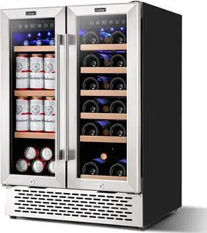 Wine and Beverage Refrigerator 24 inch, Dual Zone Wine Cooler Under Counter Lockable 18 Bottles and 57 Cans Fridge Built in Freestanding for Beer Soda Drink Bar Kitchen Cabinet Commercial