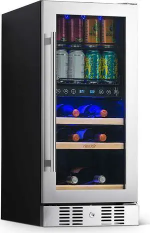 NewAir 15 Wine, Beer, Beverage Refrigerator Cooler | 9 Bottle, 48 Can Capacity | Stainless Steel Built-in or Freestanding Dual Zone Drink Fridge |Triple-Pane Glass Door, Digital Temperature Control