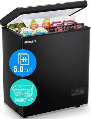 Chest Freezer 5.0 CU.FT Ultra-low Temperature Deep Freezers (Down to -12-50) with TWO Removable Baskets Freestanding Black Small Mini Compact Fridge Freezer for Home/Kitchen/Office