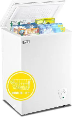 3.5 Cubic Feet Chest Freezer Small Deep Freezers with Removable Storage Basket Free Standing Top Door Compact Freezer 7 Gears Temperature Control for Office Dorm Apartment