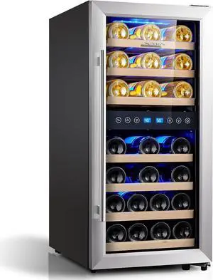 Phiestina Wine Cooler Refrigerator 16 inch Wine Refrigerator 33 Bottles Dual Zones Mini Wine Fridge Auto Defrost Temperature Memory Glass Door 7 Removable Shelves Quiet for Home Bar Office