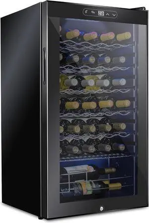 SCHMECKE 34 Bottle Compressor Wine Cooler Refrigerator w/Lock | Large Freestanding Wine Cellar | 41f-64f Digital Temperature Control Wine Fridge For Red, White, Champagne or Sparkling Wine - Black