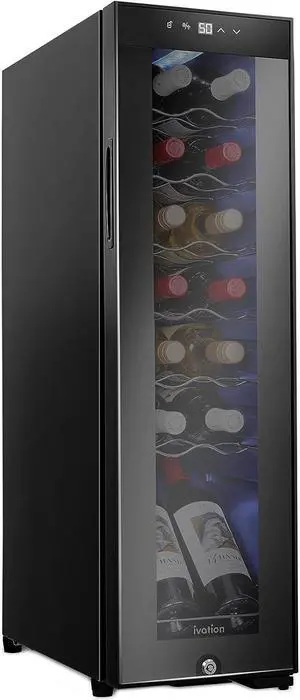 Ivation 14 Bottle Compressor Wine Cooler Refrigerator w/Lock | Large Freestanding Wine Cellar For Red, White, Champagne or Sparkling Wine | 41f-64f Digital Temperature Control Fridge Glass Door Black