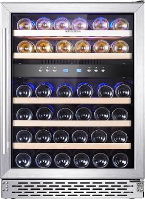 Phiestina Wine Refrigerator, 24 inch-46 Bottles Wine Cooler, Built-in Wine Fridge Under Counter or Freestanding Dual Zones, Auto Defrost with 6 Removable Shelves Glass Door for Home Office Bar